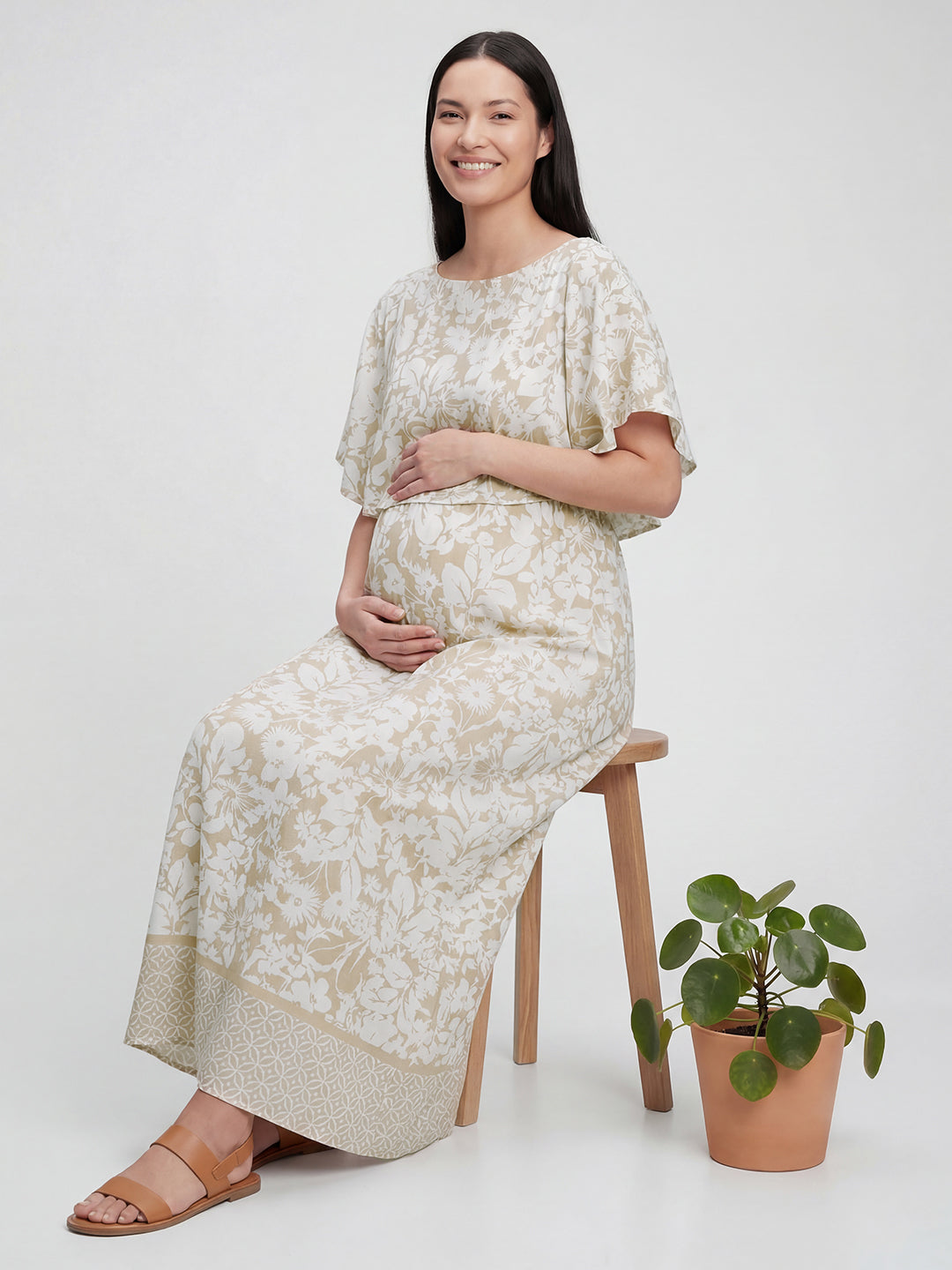 Serene Bloom Beige & White Printed Maternity Dress