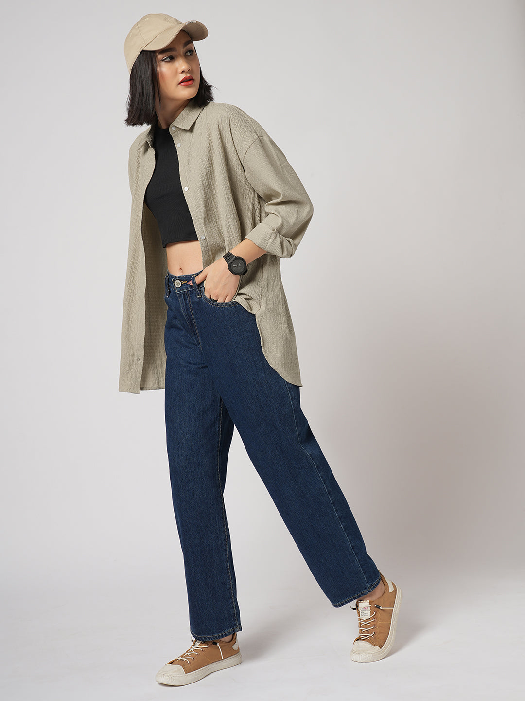 Beige Textured Oversized Shirt