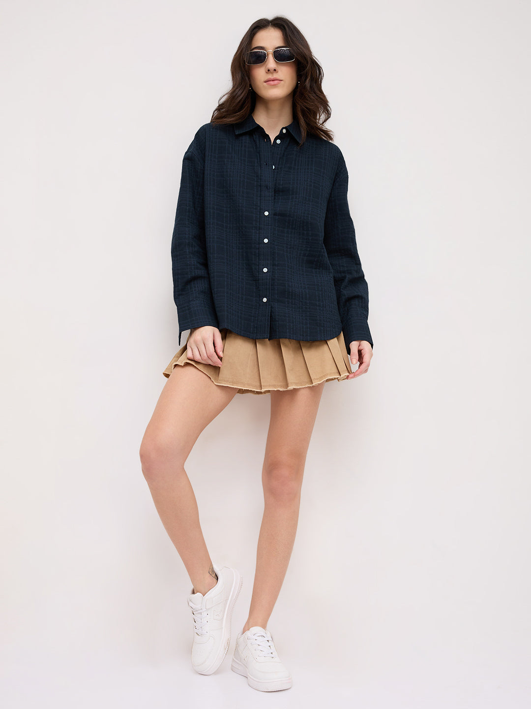 Teal Blue Block Embossed Textured Oversized Shirt