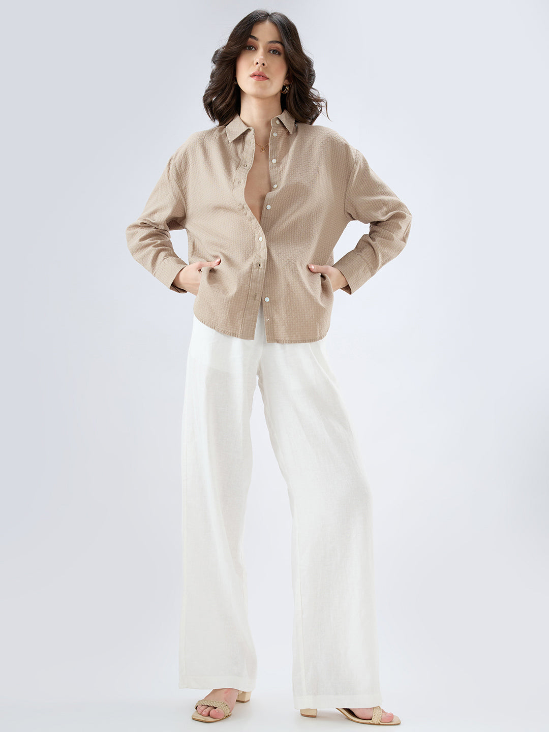 Fawn Beige Jacquard Weave Oversized Shirt