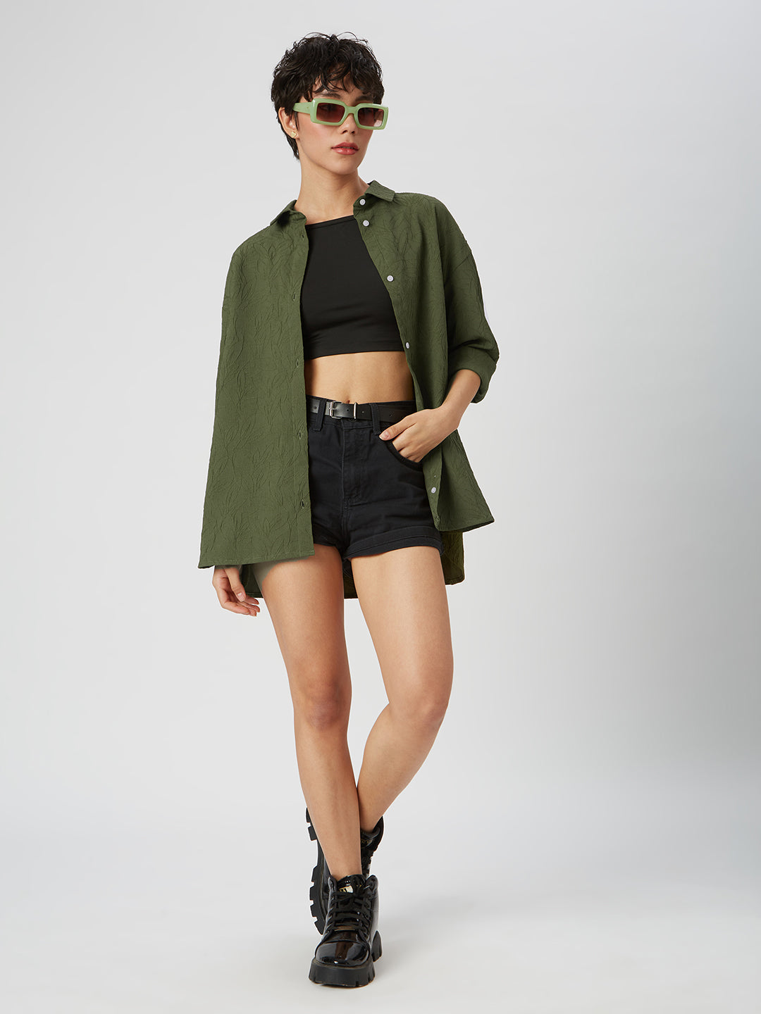 Olive Leafy Textured Oversized Shirt
