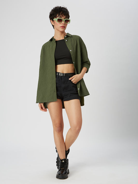Olive Leafy Textured Oversized Shirt