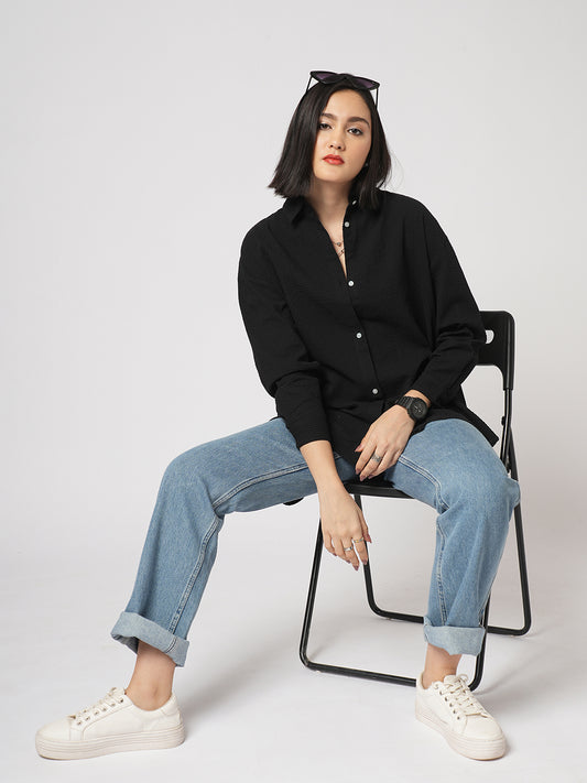 Classic Black Seersucker Oversized Shirt