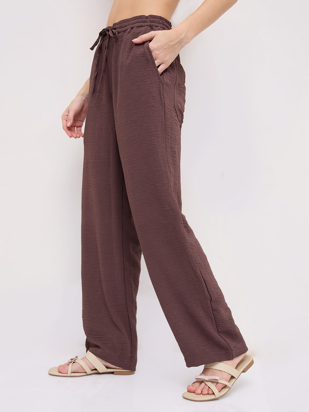 Luxe Warm Brown Crinkled Straight Fit Trousers