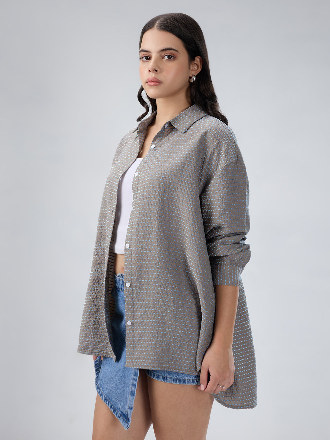 Grey & Blue Dotted Jacquard Oversized Shirt