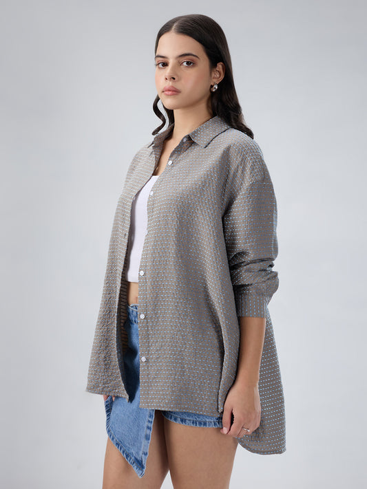 Grey & Blue Dotted Jacquard Oversized Shirt