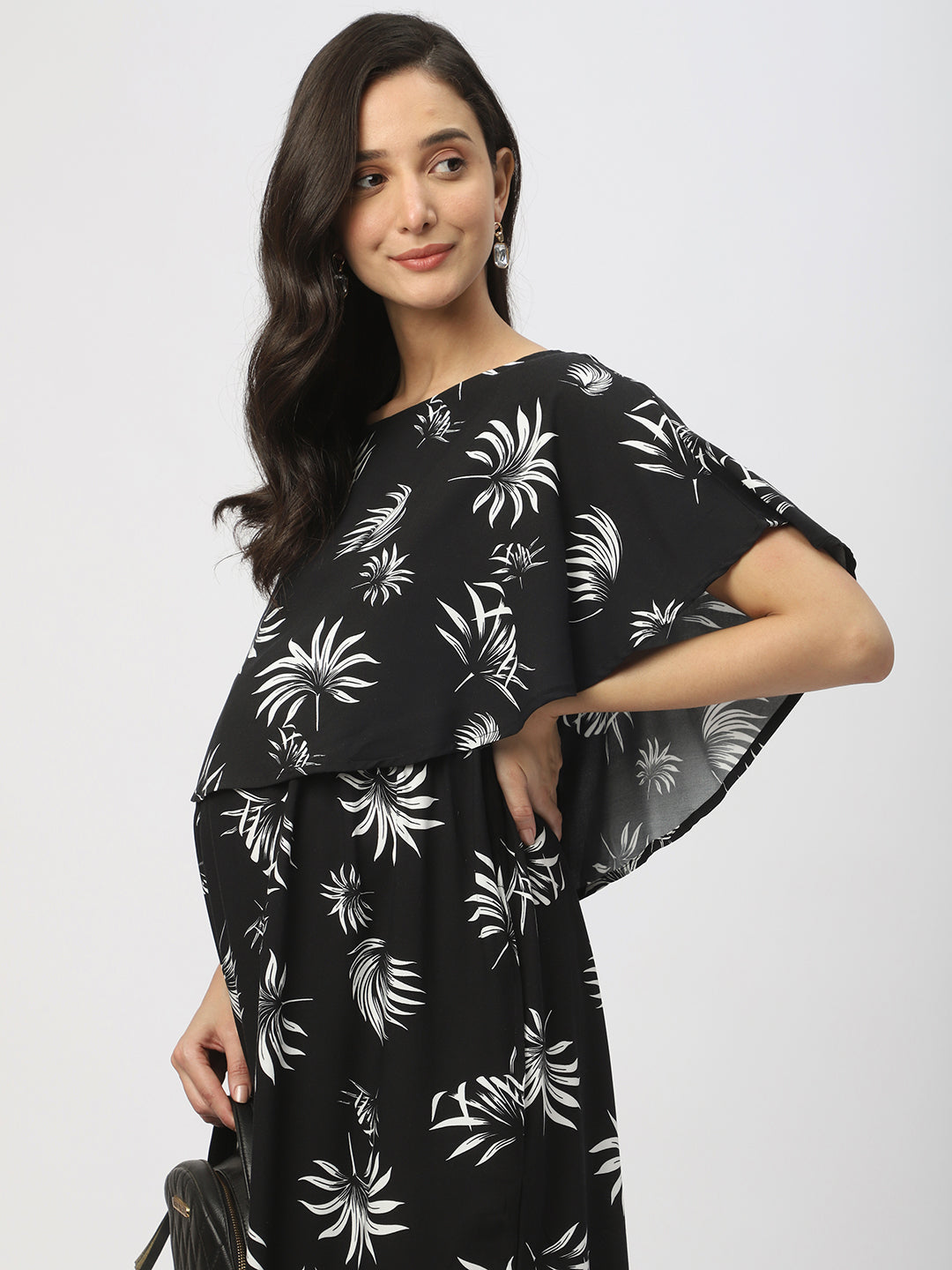 Black Leafy Printed Comfy Maternity Dress