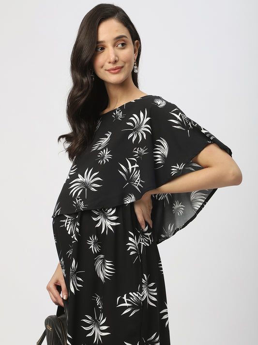 Black Leafy Printed Comfy Maternity Dress