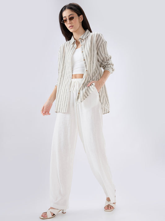 White & Blue Balanced Striped Linen Blend Oversized Shirt
