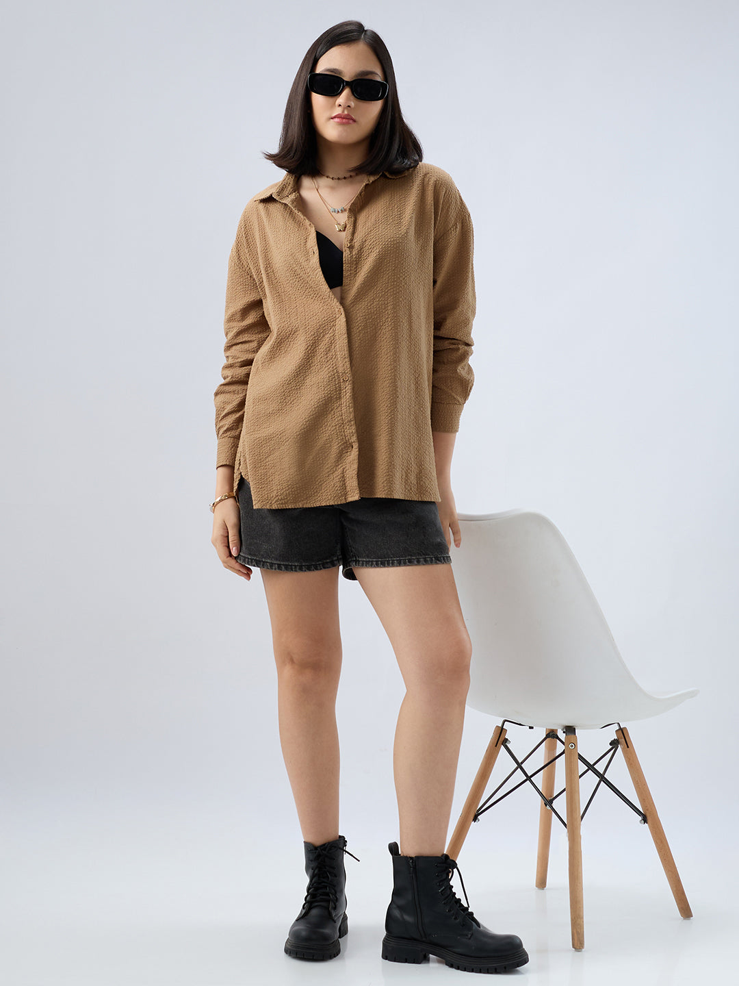 Tan Beige Seersucker Oversized Shirt