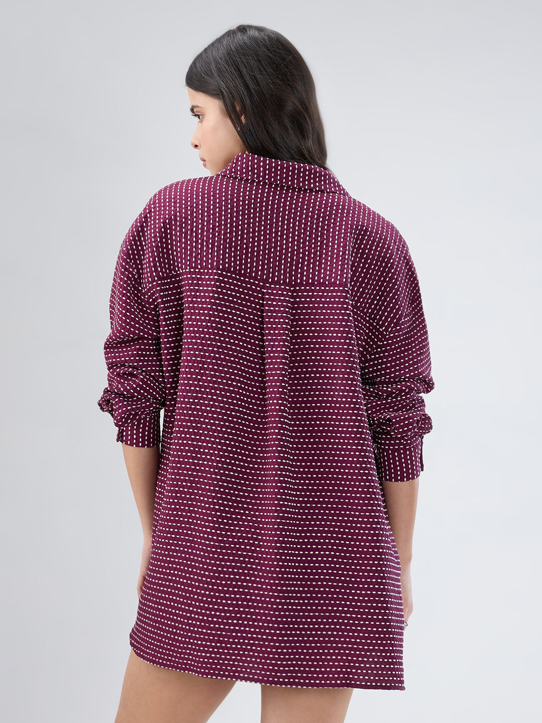 Maroon Dotted Drama Jacquard Oversized Shirt