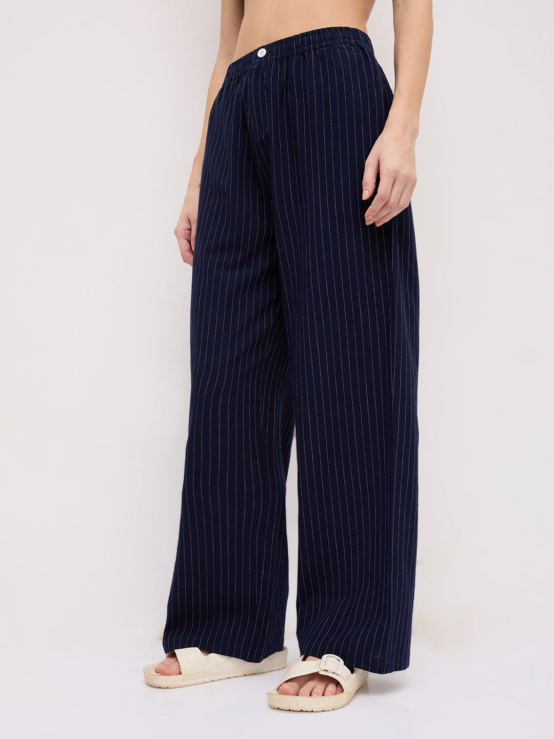Deep Navy Pin Stripe Wide Leg Trousers