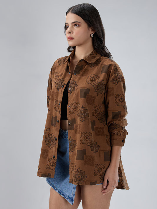 Brown Paisley Printed Corduroy Oversized Shirt
