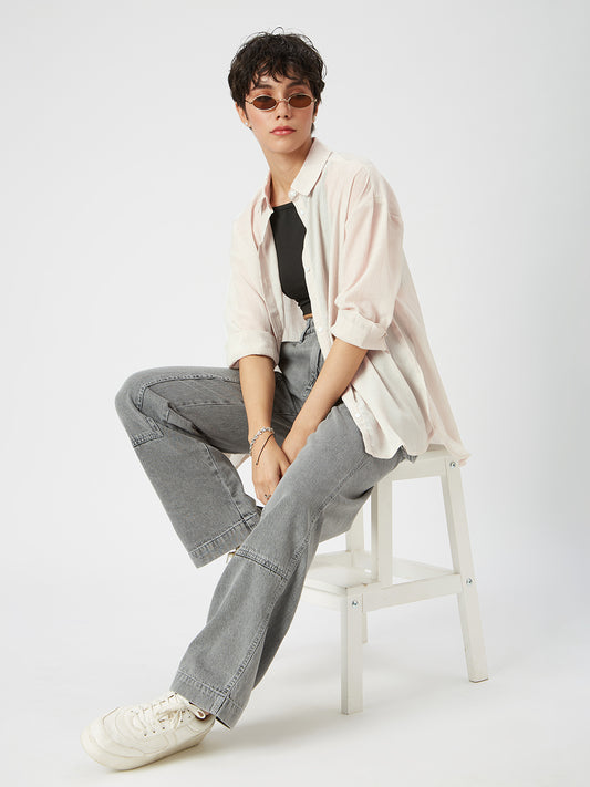 Glittery Beige Crinkled Oversized Shirt