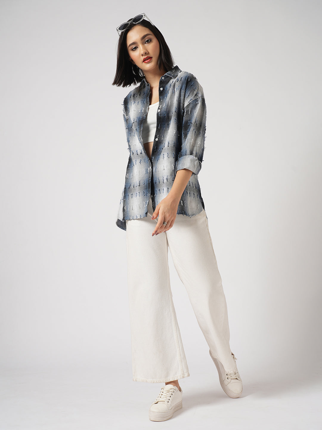 Blue & White Self Design Frayed Oversized Shirt