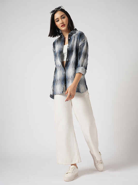 Blue & White Self Design Frayed Oversized Shirt
