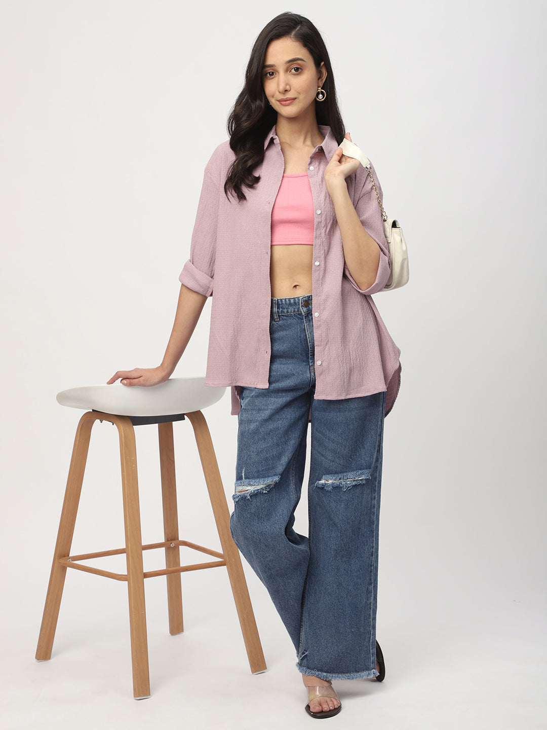 Lilac Jacquard Crinkled Oversized Shirt