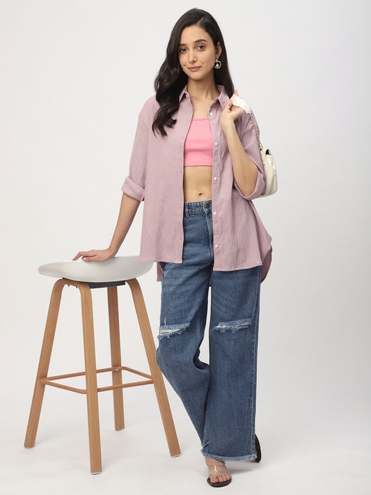 Lilac Jacquard Crinkled Oversized Shirt
