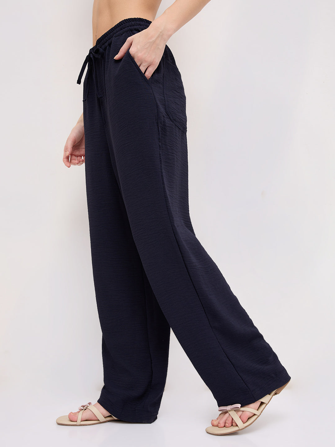 Luxe Midnight Navy Crinkled Straight Fit Trousers