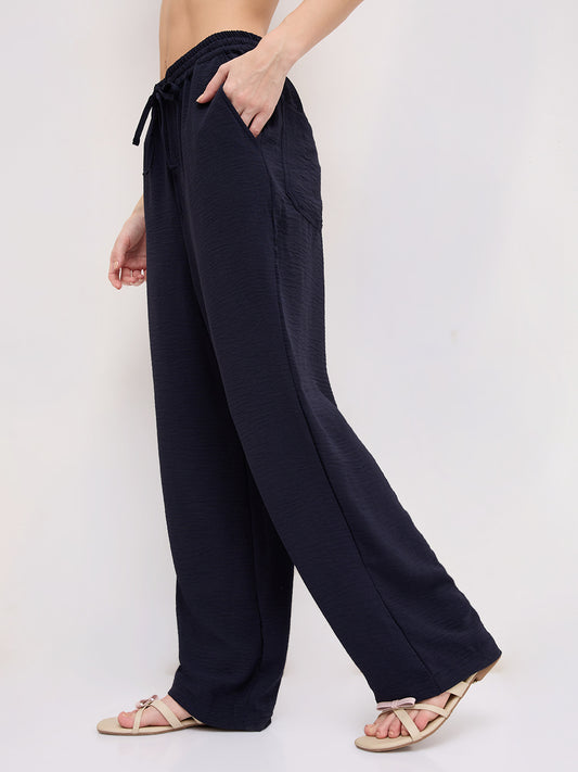 Luxe Midnight Navy Crinkled Straight Fit Trousers
