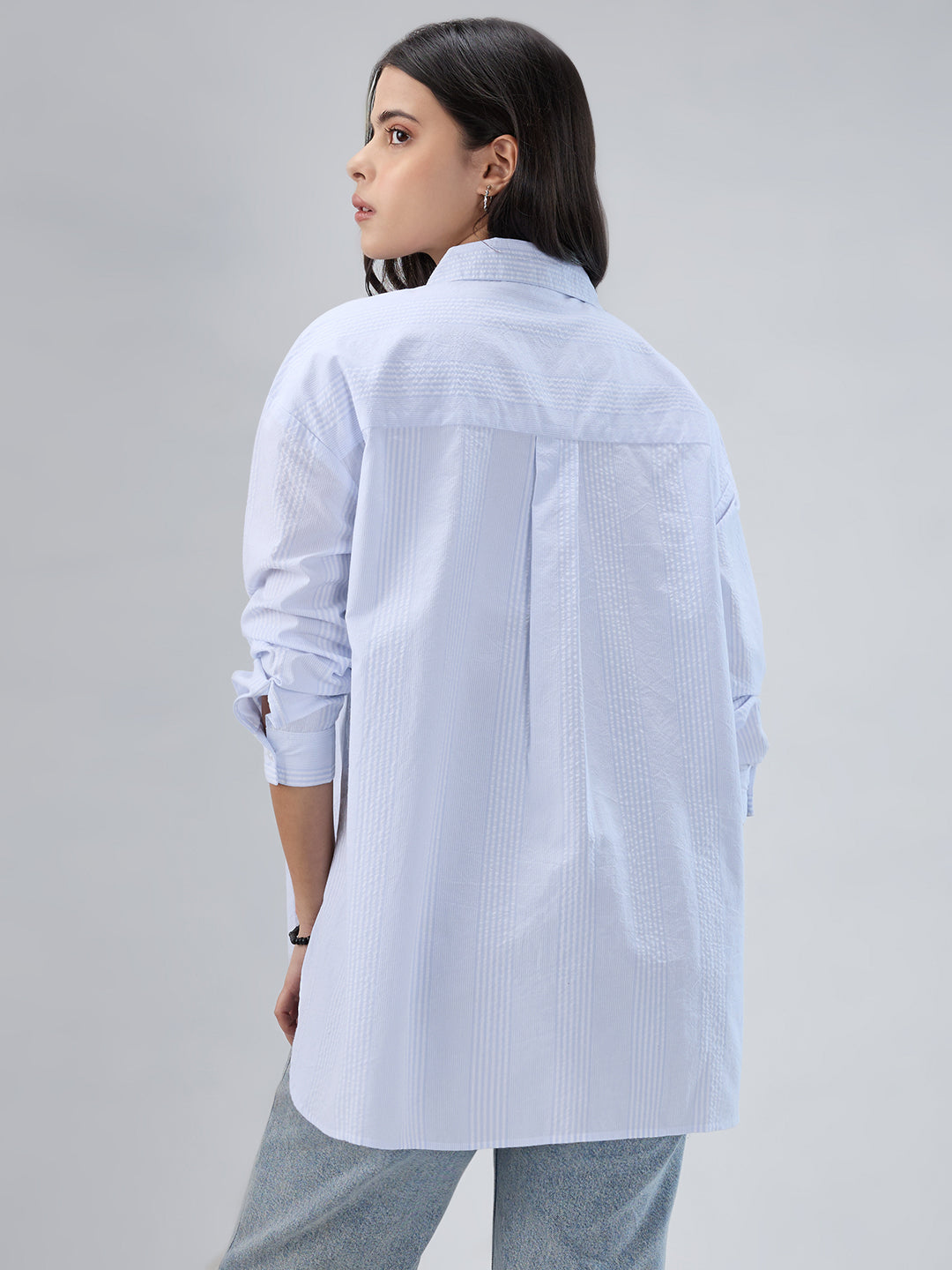 White & Blue Pin Striped Seersucker Oversized Shirt