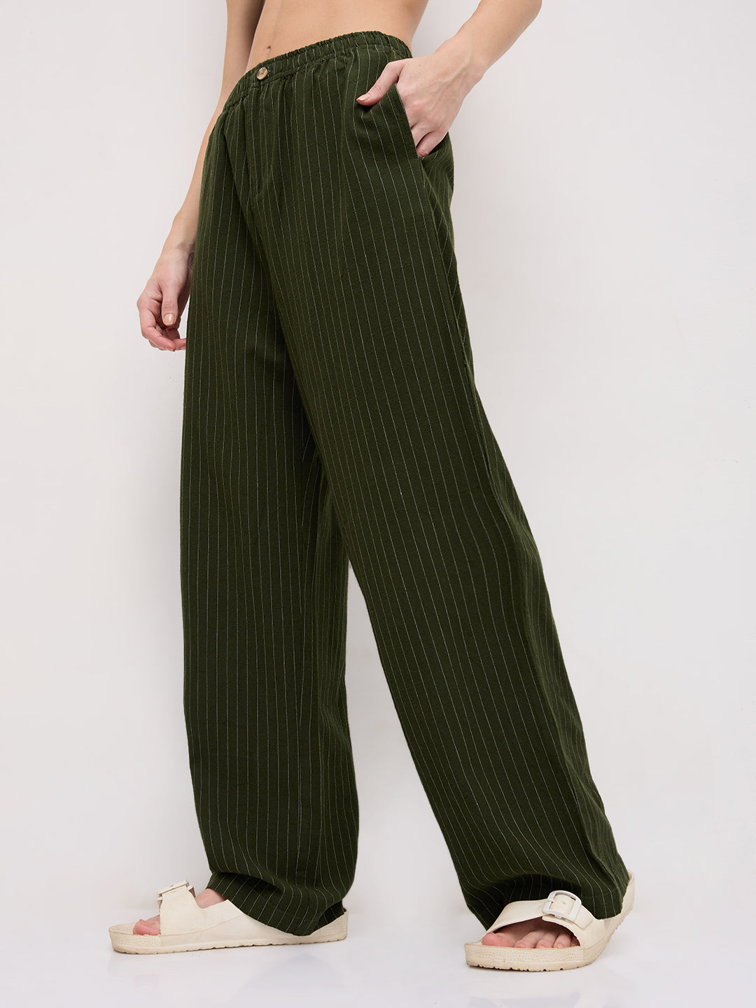 Deep Olive Pin Stripe Wide Leg Trousers