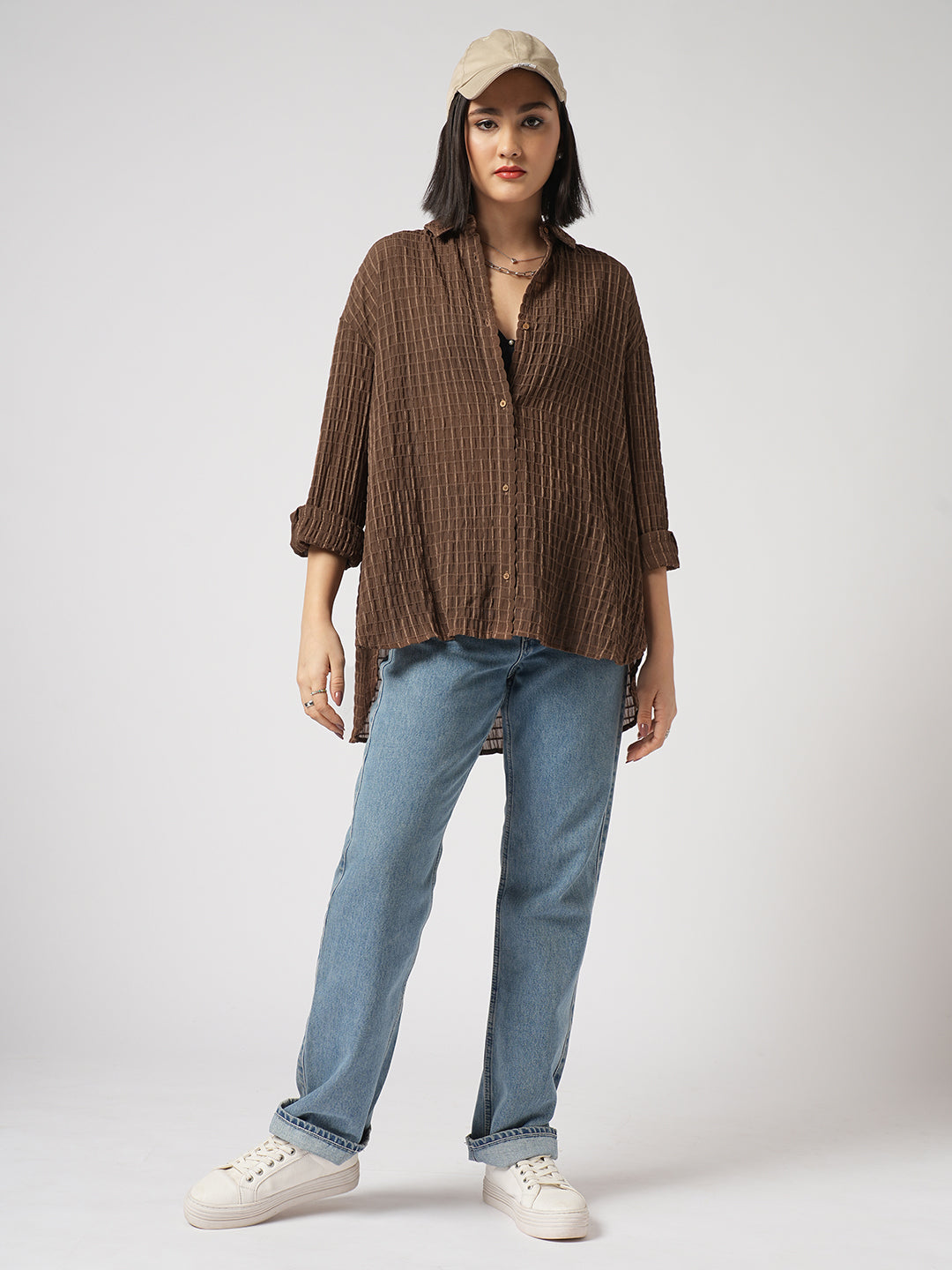 Chamoisee Brown Matrix Checks Oversized Shirt