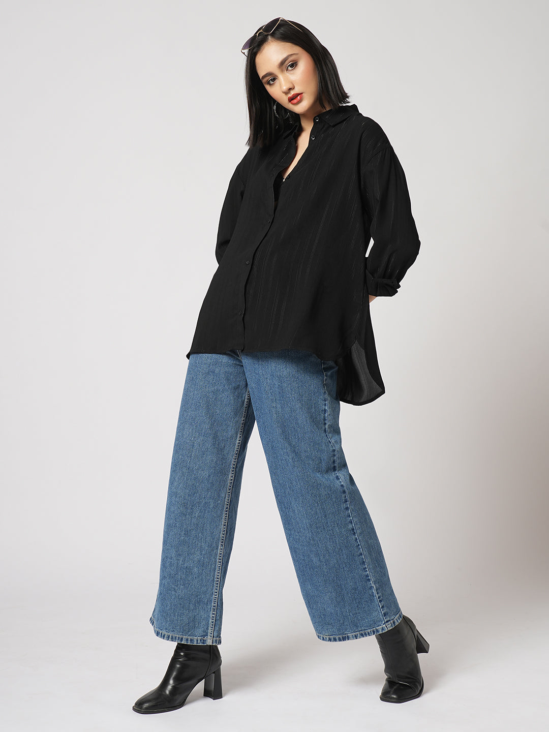 Black Glimmer Striped Oversized Shirt