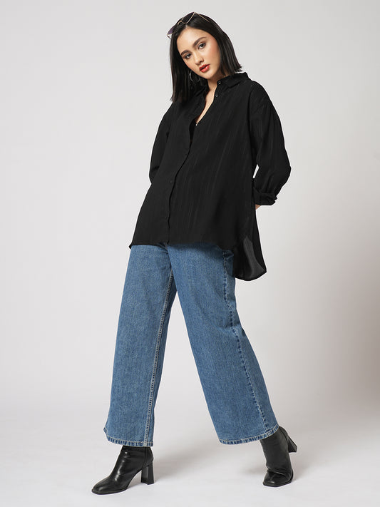 Black Glimmer Striped Oversized Shirt