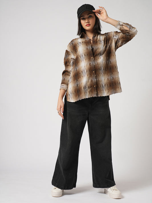 Brown & Beige Self Design Frayed Oversized Shirt