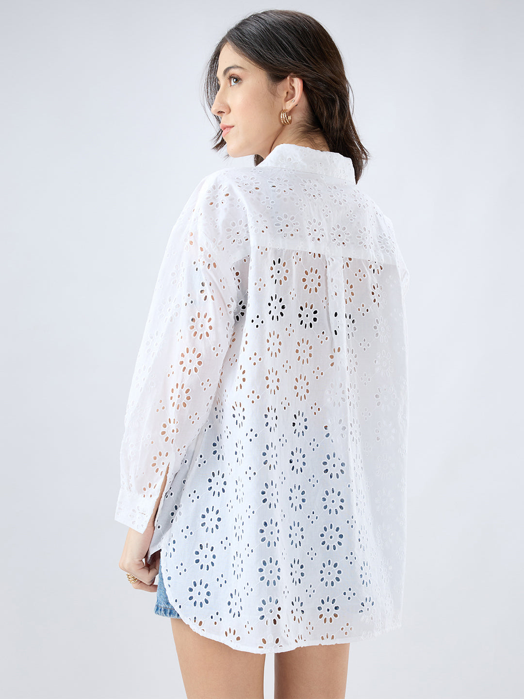White Floral Schiffli Oversized Shirt