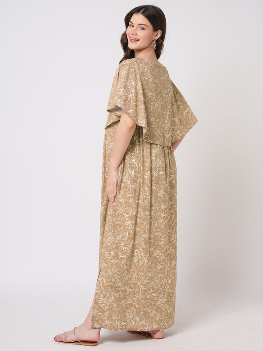 Tawny Brown Leafy Printed Maternity Dress