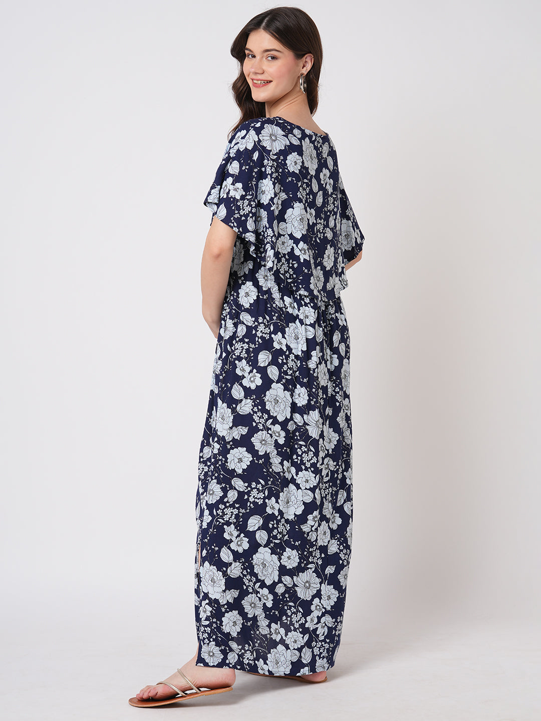 Chic Navy Blossom Printed Comfy Maternity Dress