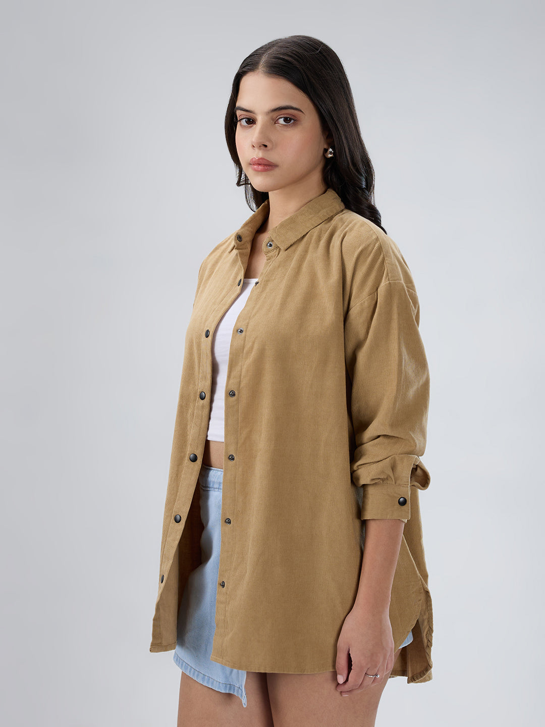 Solid Tan Beige Corduroy Oversized Shirt