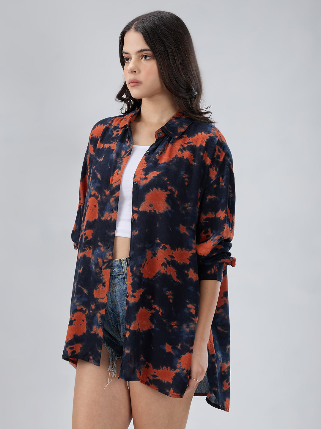 Black & Tangerine Tie- Dye Oversized Crepe Shirt