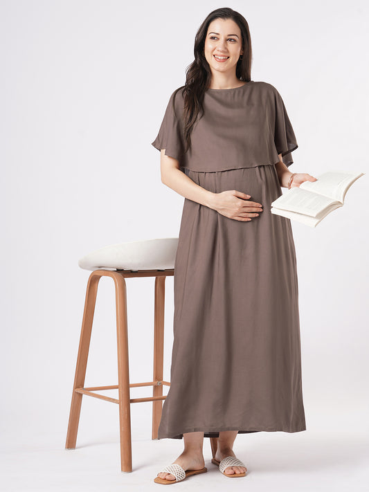 Sepia Brown Solid Comfy Maternity Dress