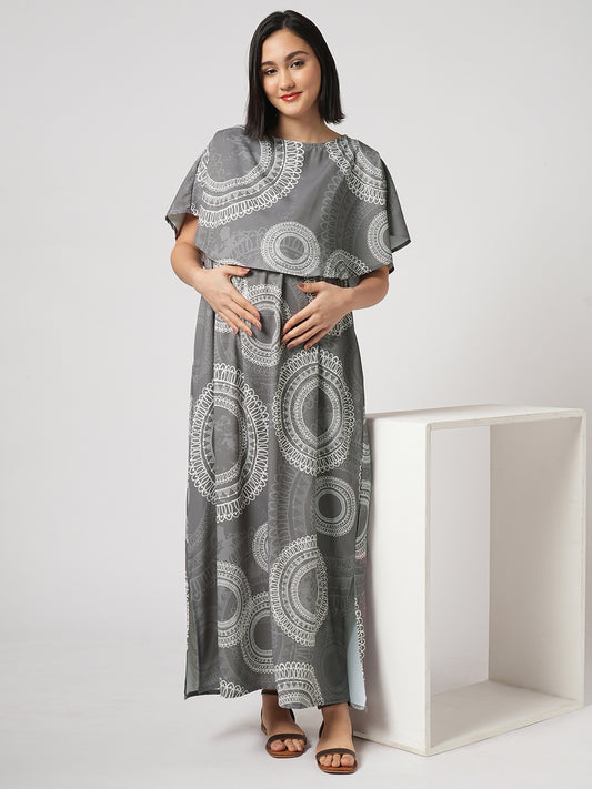 Cloud Grey Mandala Printed Maternity Dress