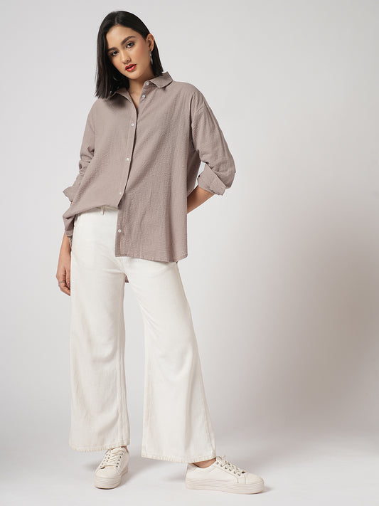 Light Taupe Brown Seersucker Oversized Shirt
