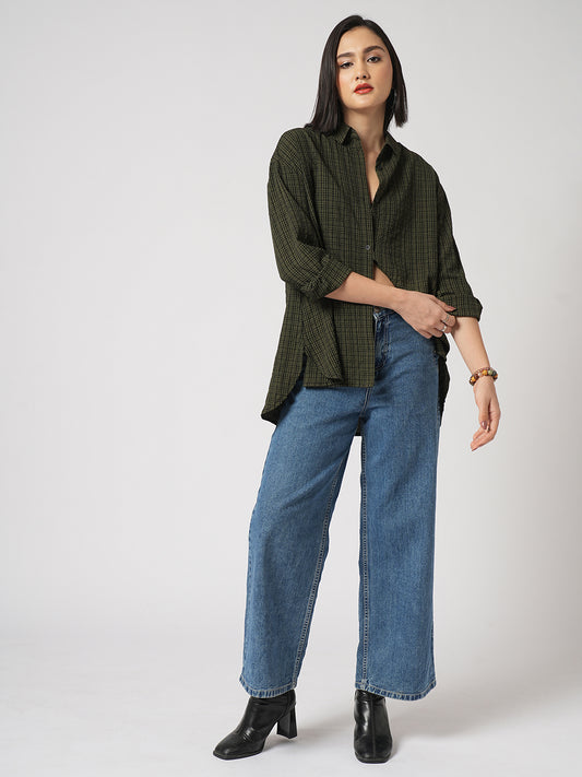 Reseda Green Vintage Mini Checks Oversized Shirt