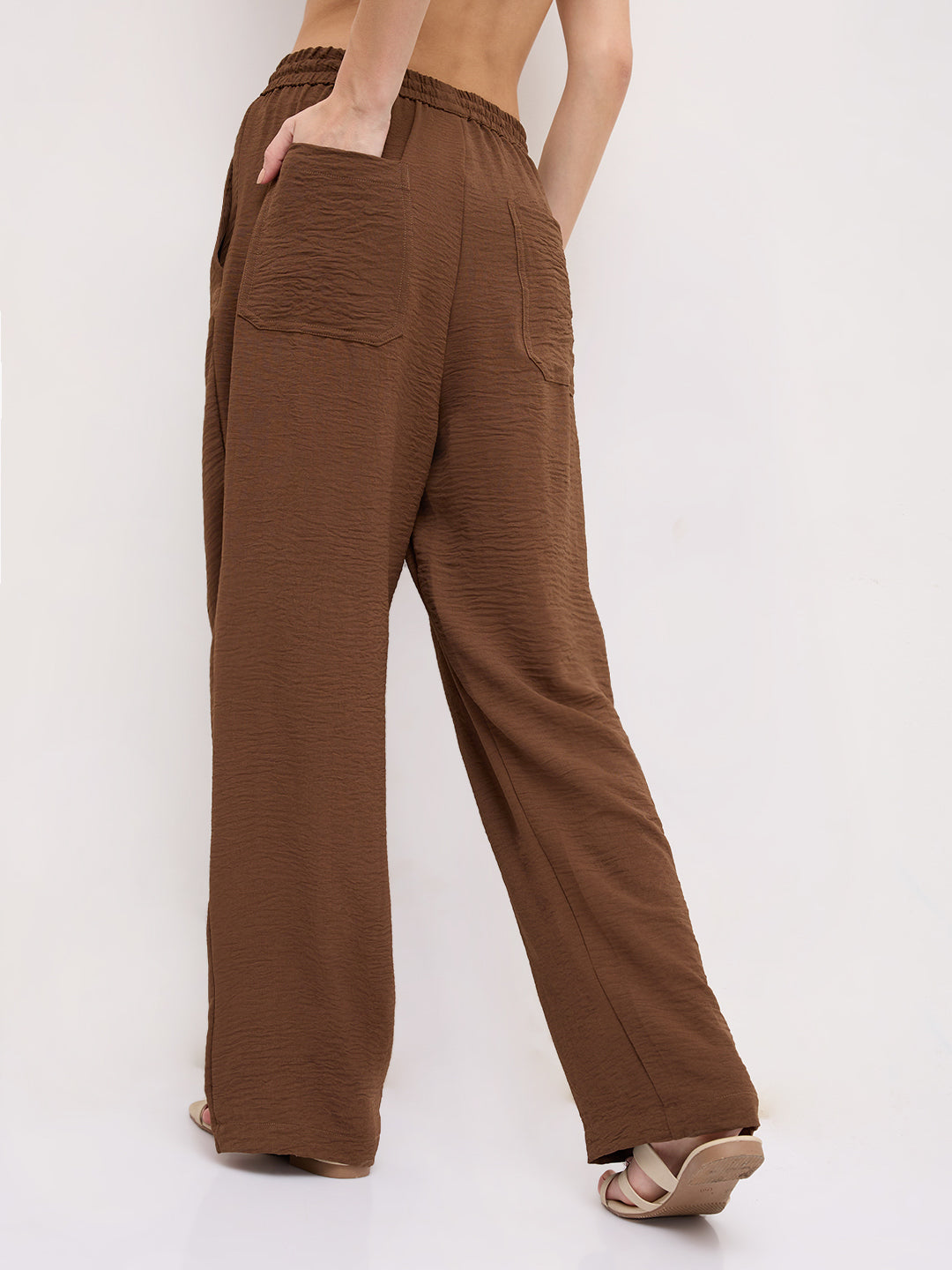Mocha Brown Crinkled Straight Fit Trousers