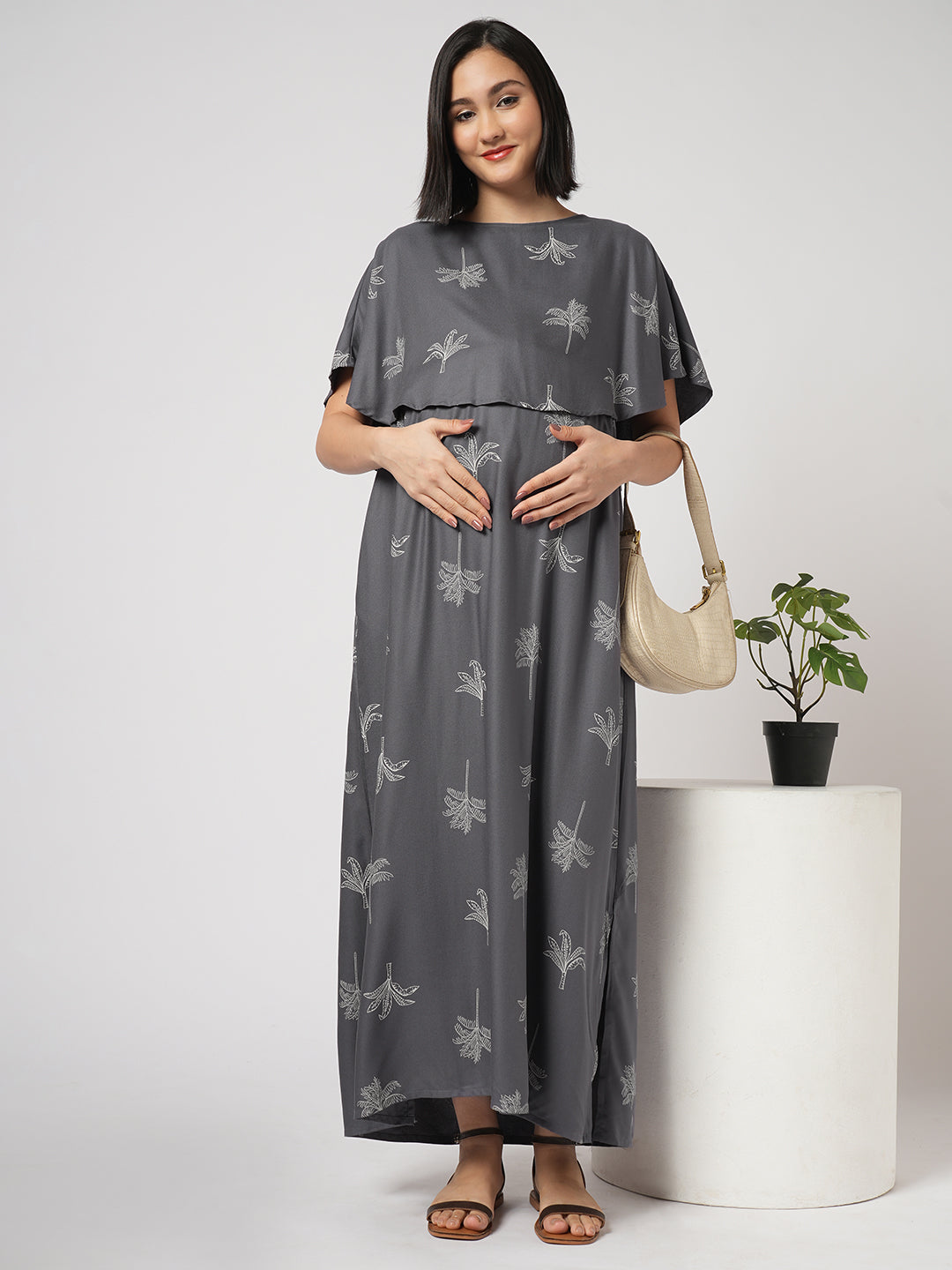 Slate Grey Palm Tree Printed Maternity Dress