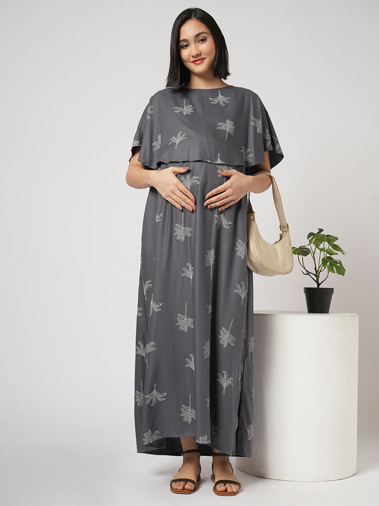 Slate Grey Palm Tree Printed Maternity Dress
