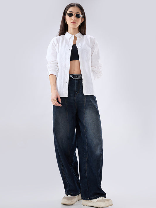 Pearl White Seersucker Oversized Shirt