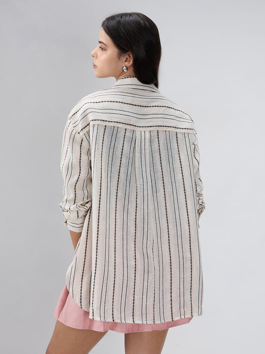 Burlap Ivory Vertical Striped Dobby Oversized Shirt