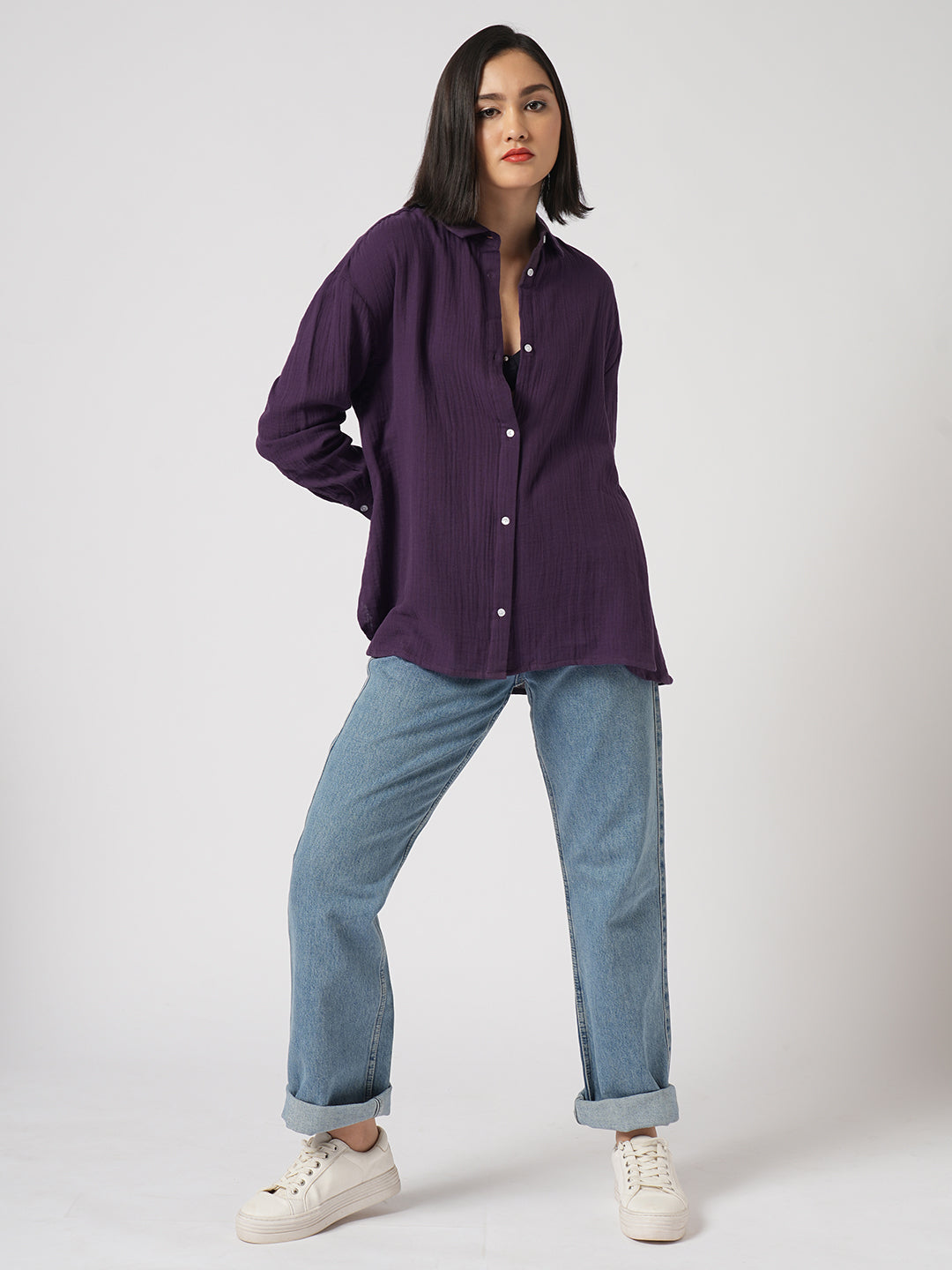 Kalamata Purple Textured Double Cloth Oversized Shirt