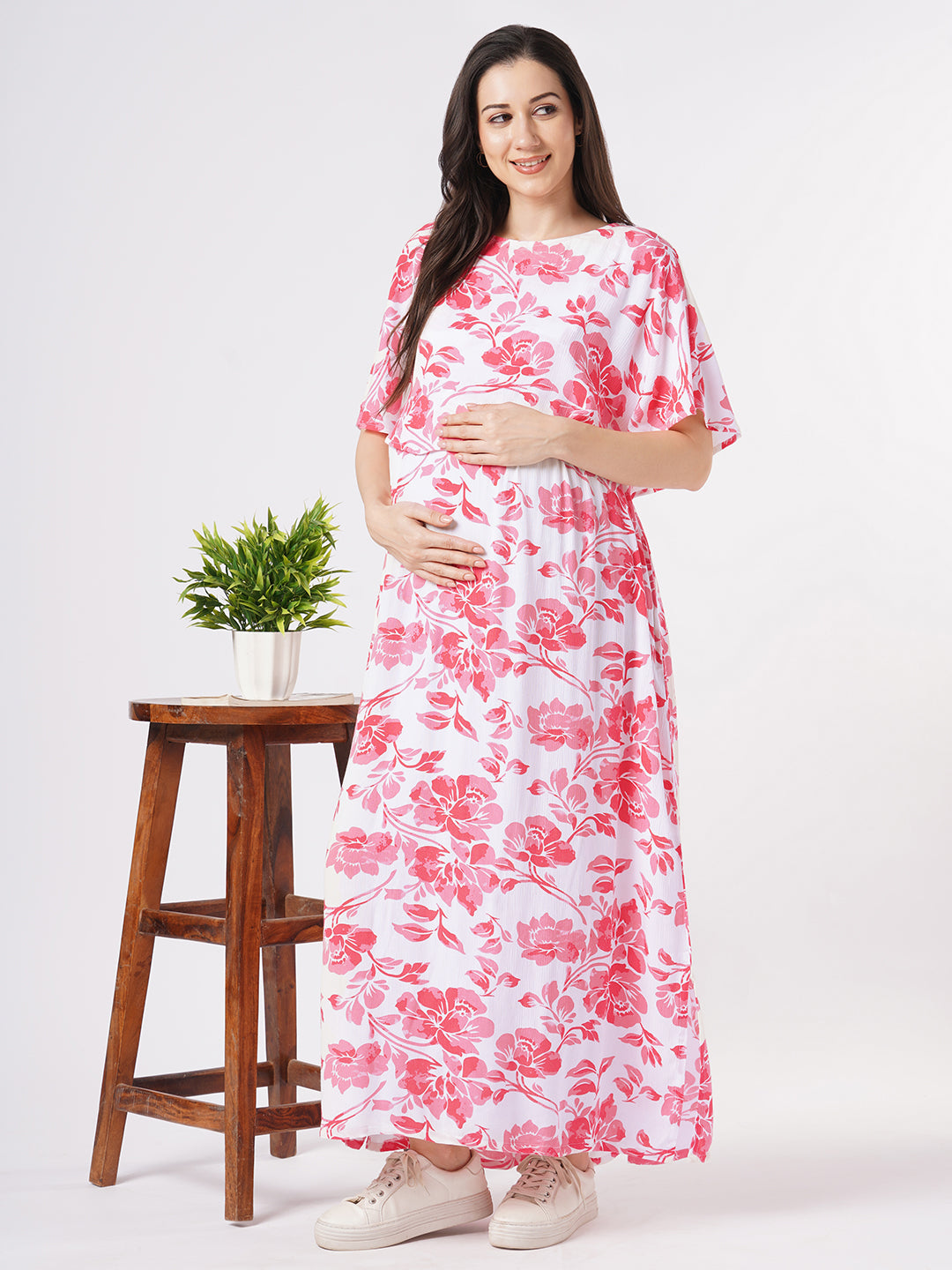 White & Pink Serene Floral Printed Maternity Crepe Dress