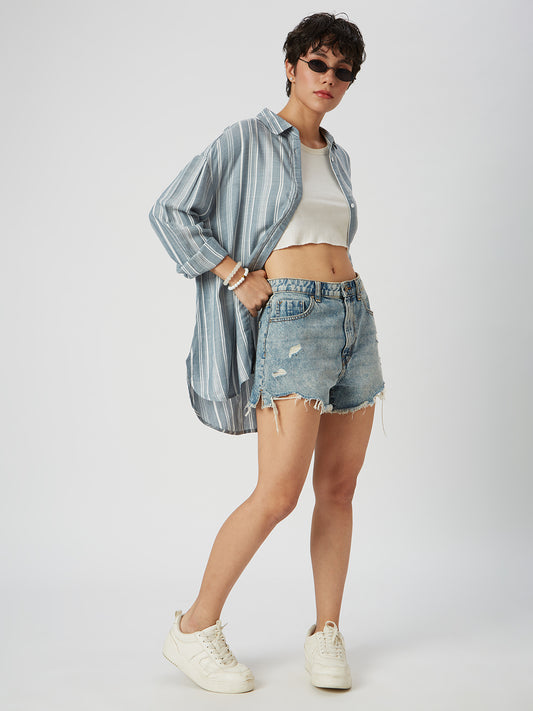 Blue & White Dobby Striped Oversized Shirt