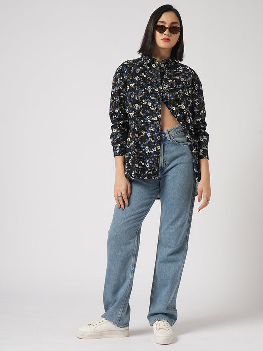 Midnight Bloom Floral Printed Oversized Shirt