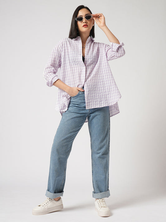White & Lavendar Gingham Checks Oversized Shirt