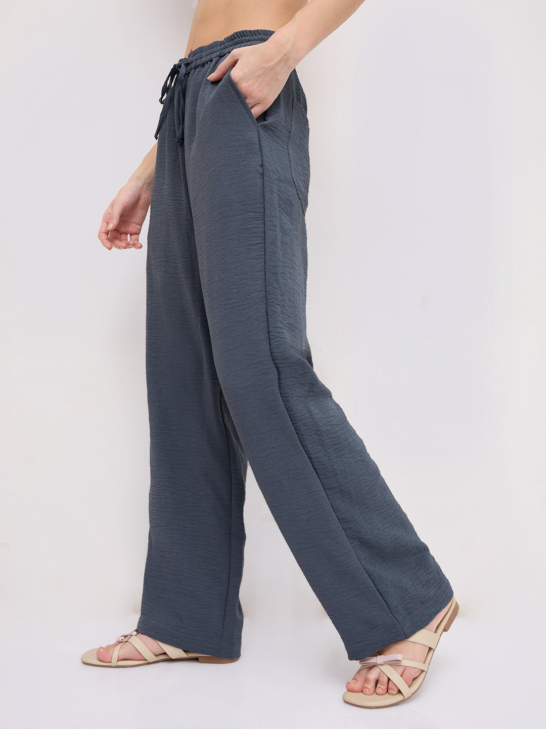 Plush Grey Crinkled Straight Fit Trousers
